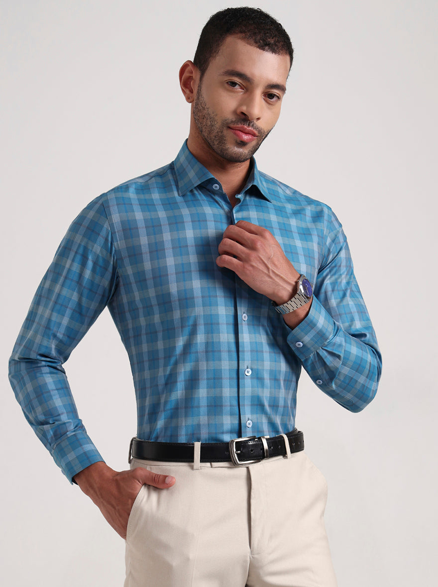 Blue Checked Slim Fit Formal Shirt | Metal