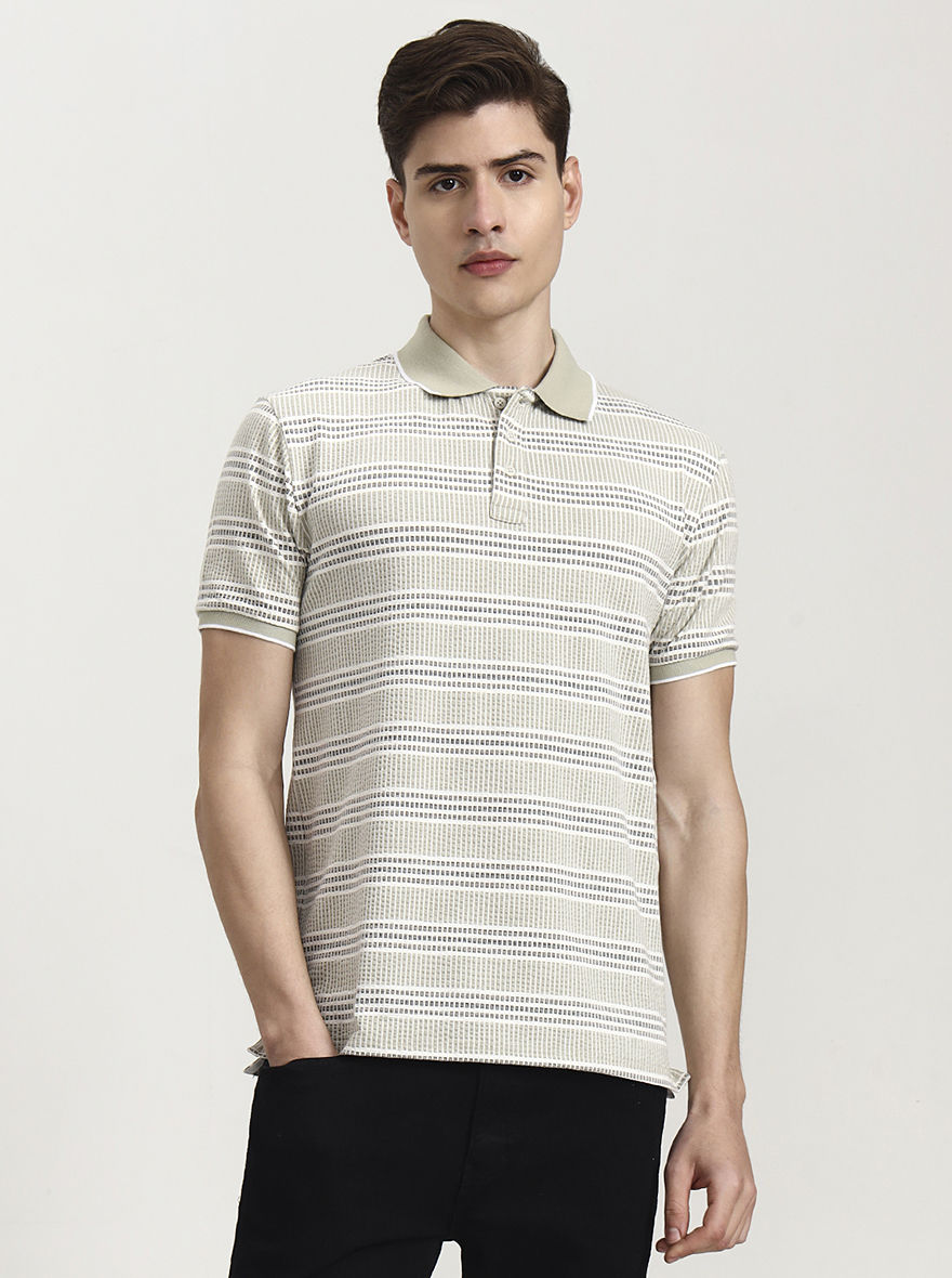 Beige Striped Slim Fit Polo T-Shirt | JadeBlue
