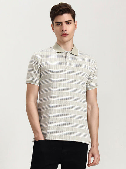 Beige Striped Slim Fit Polo T-Shirt | JadeBlue