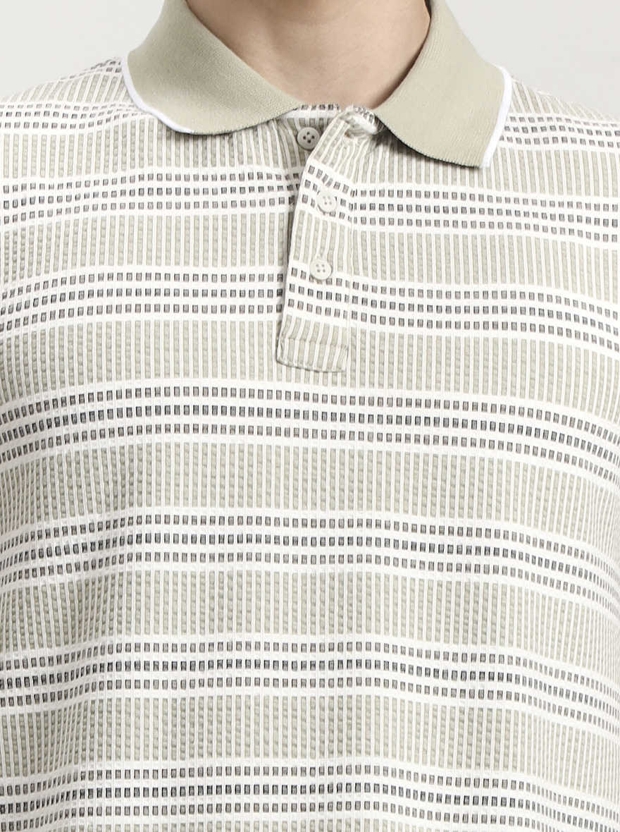 Beige Striped Slim Fit Polo T-Shirt | JadeBlue
