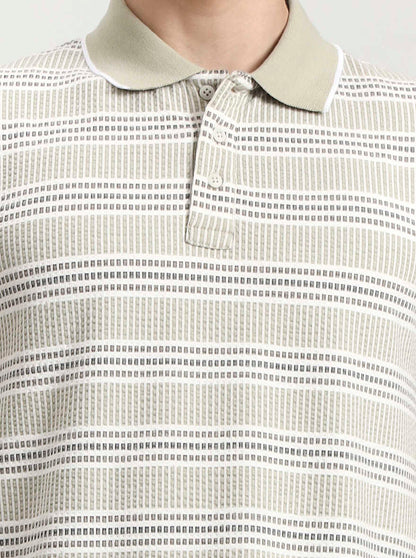 Beige Striped Slim Fit Polo T-Shirt | JadeBlue