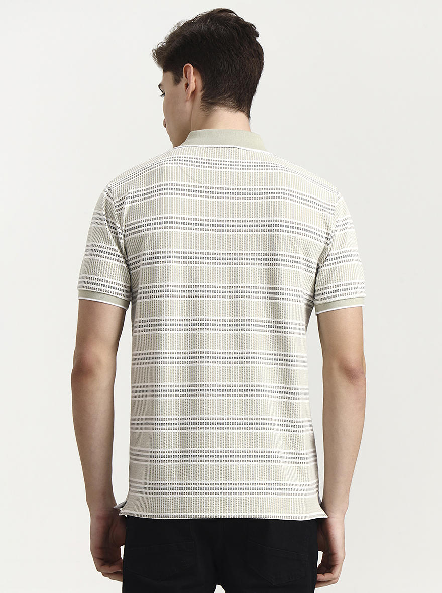 Beige Striped Slim Fit Polo T-Shirt | JadeBlue