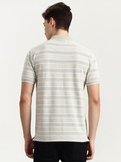 Beige Striped Slim Fit Polo T-Shirt | JadeBlue