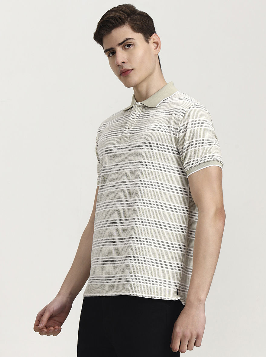 Beige Striped Slim Fit Polo T-Shirt | JadeBlue