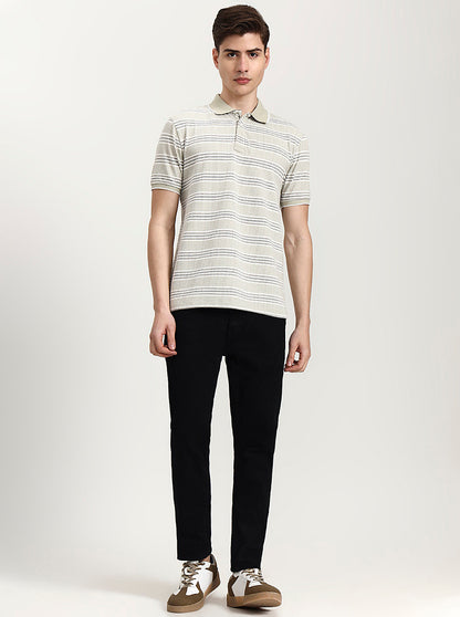 Beige Striped Slim Fit Polo T-Shirt | JadeBlue