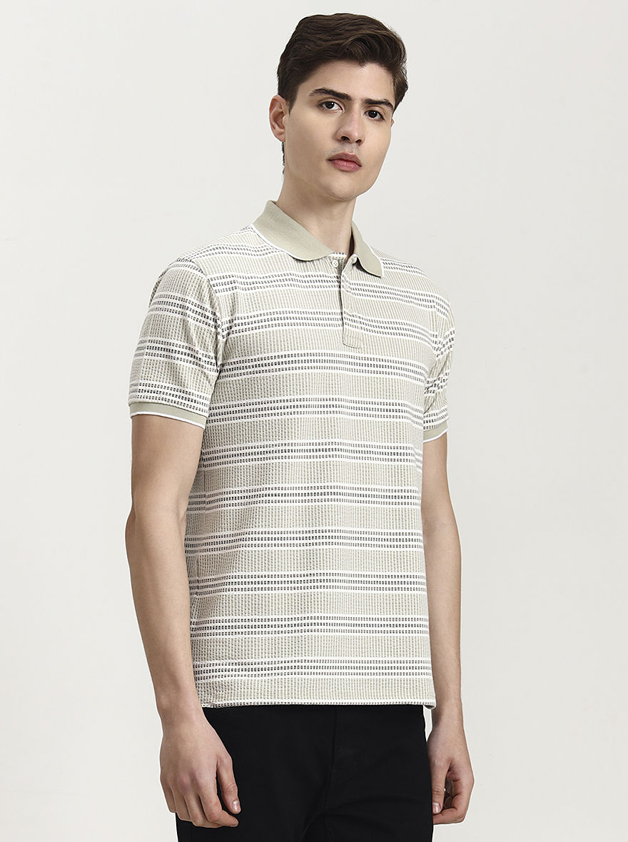 Beige Striped Slim Fit Polo T-Shirt | JadeBlue
