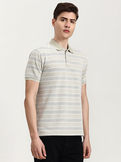 Beige Striped Slim Fit Polo T-Shirt | JadeBlue