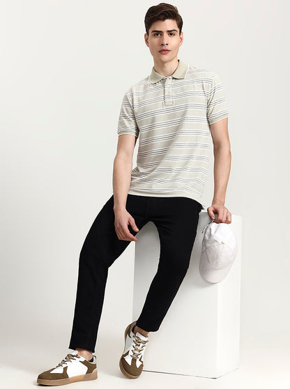 Beige Striped Slim Fit Polo T-Shirt | JadeBlue