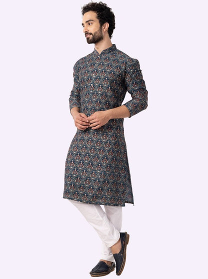 Blue Printed Cotton Silk Blend Kurta | The Kurta Company