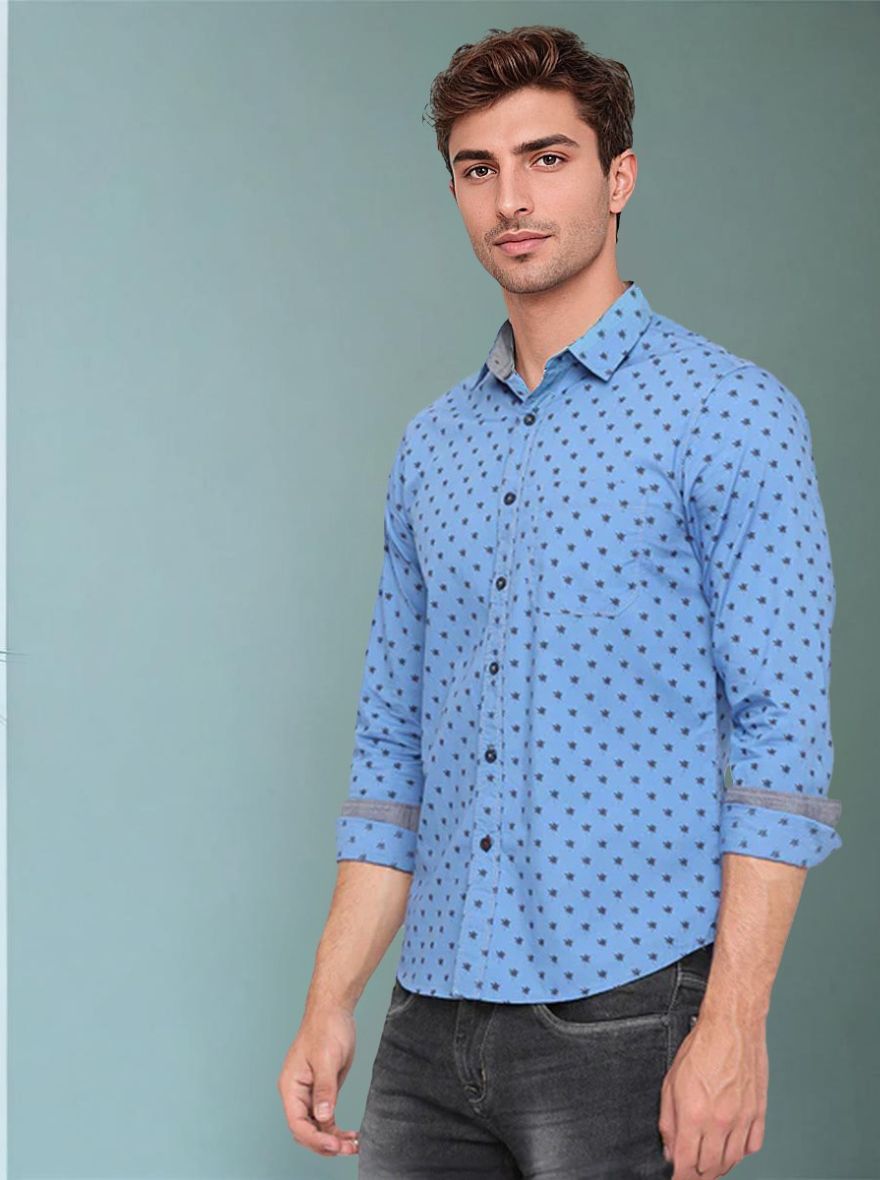 Campanula Blue Printed Slim Fit Semi Casual Shirt | Greenfibre