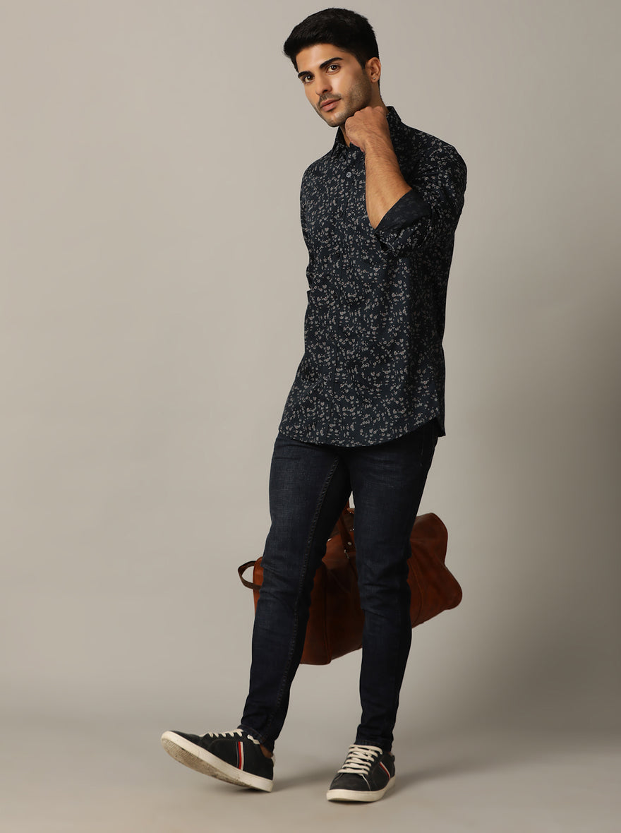 Navy Blue Printed Tailored Fit Semi Casual Shirt | JadeBlue