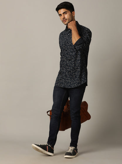 Navy Blue Printed Tailored Fit Semi Casual Shirt | JadeBlue