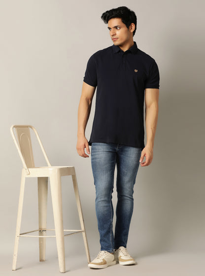 Navy Blue Solid Slim Fit Polo T-Shirt | JadeBlue