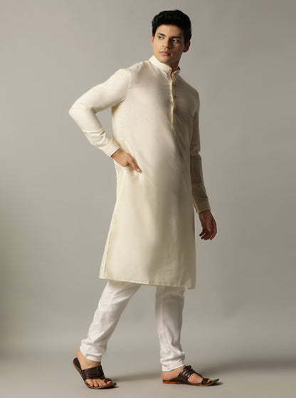 Cream Solid Regular Fit Modi Kurta | JadeBlue