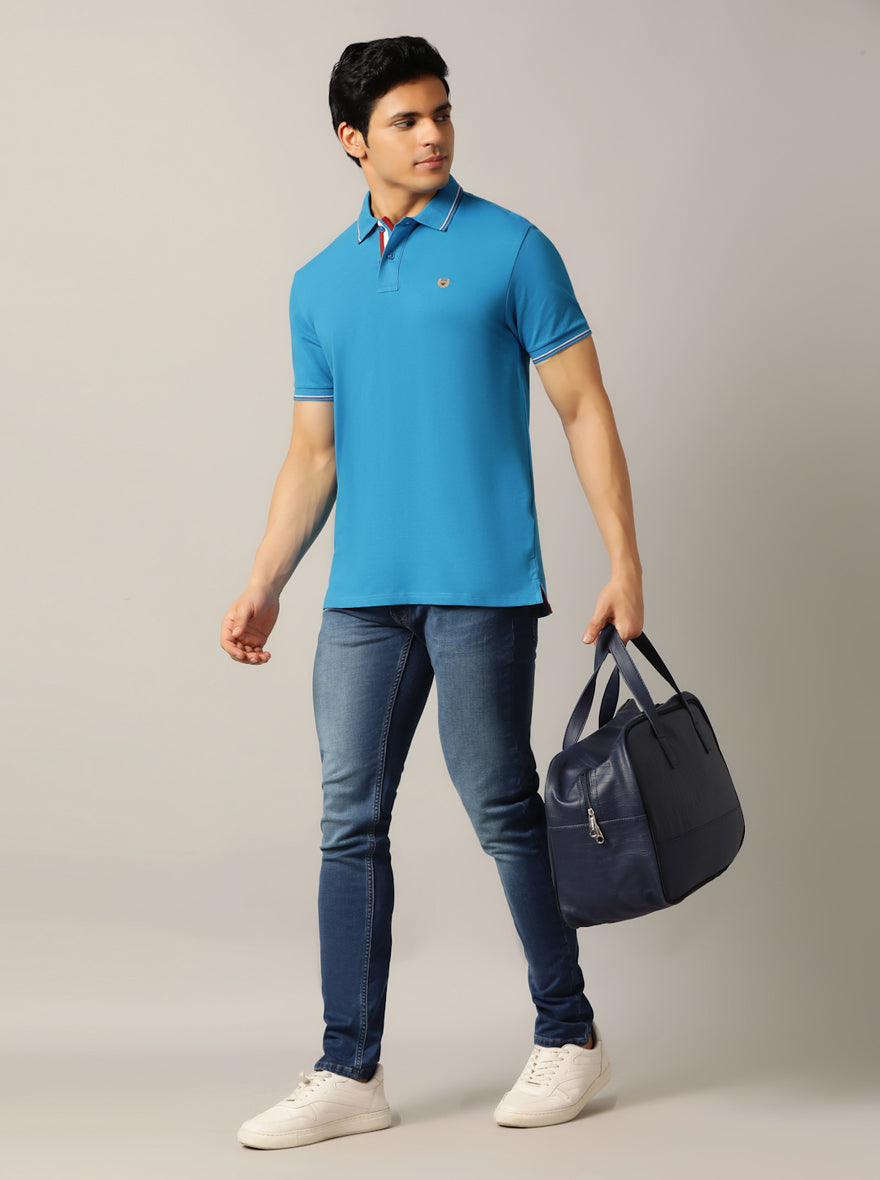 Blue Solid Slim Fit Polo T-Shirt | JadeBlue