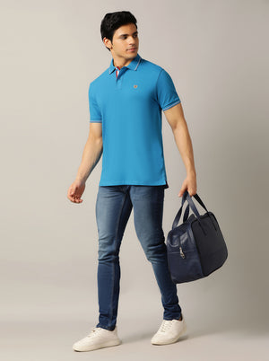 Blue Solid Slim Fit Polo T-Shirt | JadeBlue