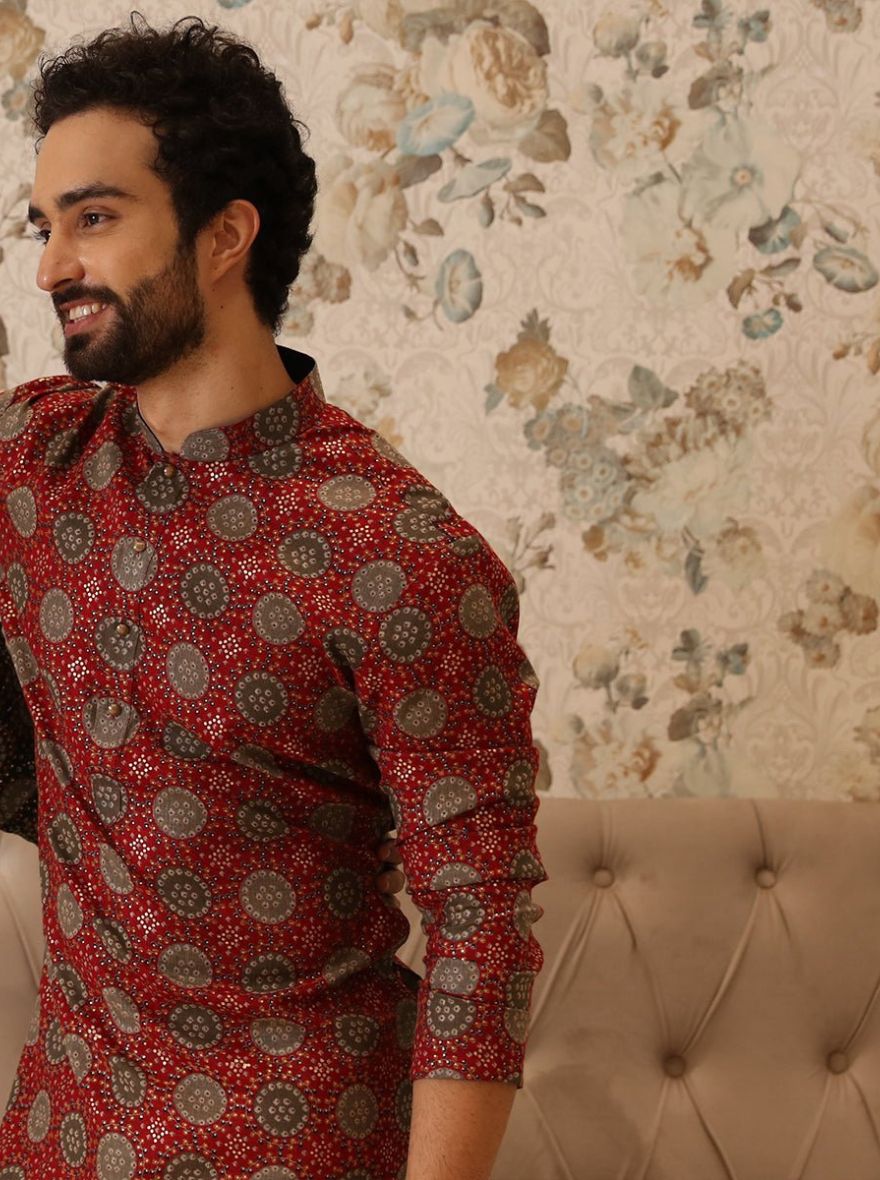 Maroon with Circular Bandhani Print Cotton Blend Men's Kurta