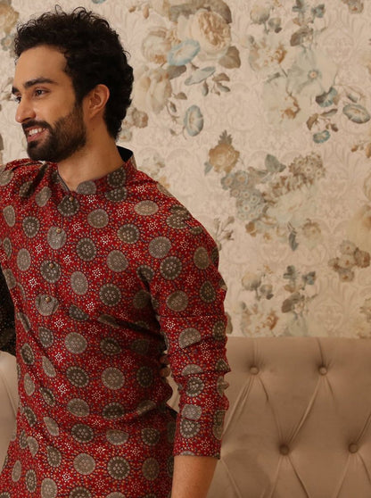 Maroon with Circular Bandhani Print Cotton Blend Men's Kurta