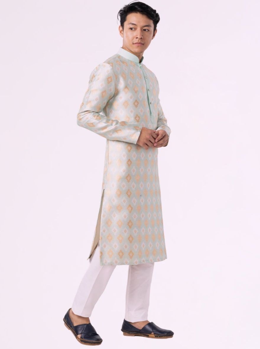 Mint Green Printed Jacquard Kurta | The Kurta Company