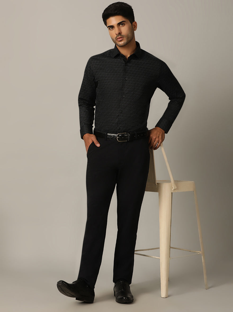 Navy Blue Printed Slim Fit Formal Shirt | Metal