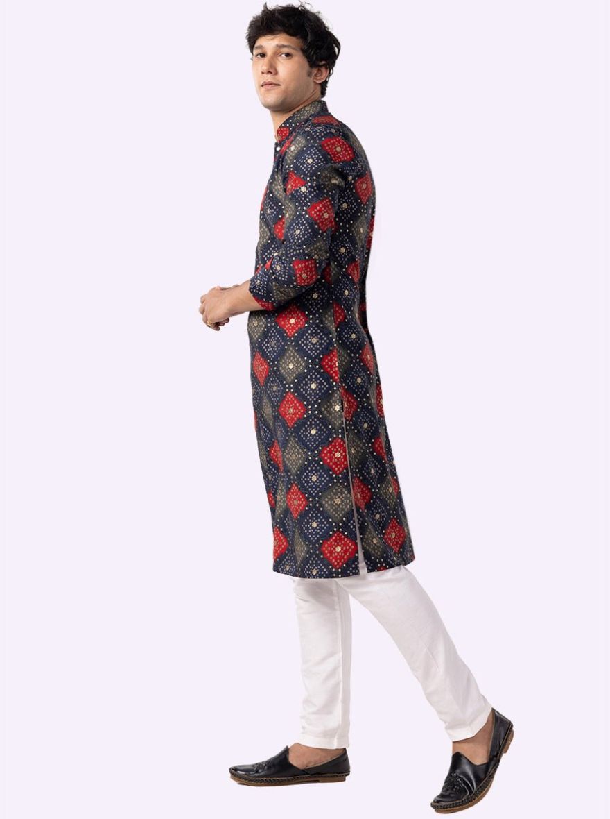 Designer Navy Blue & Maroon Printed Kurta | The Kurta Company
