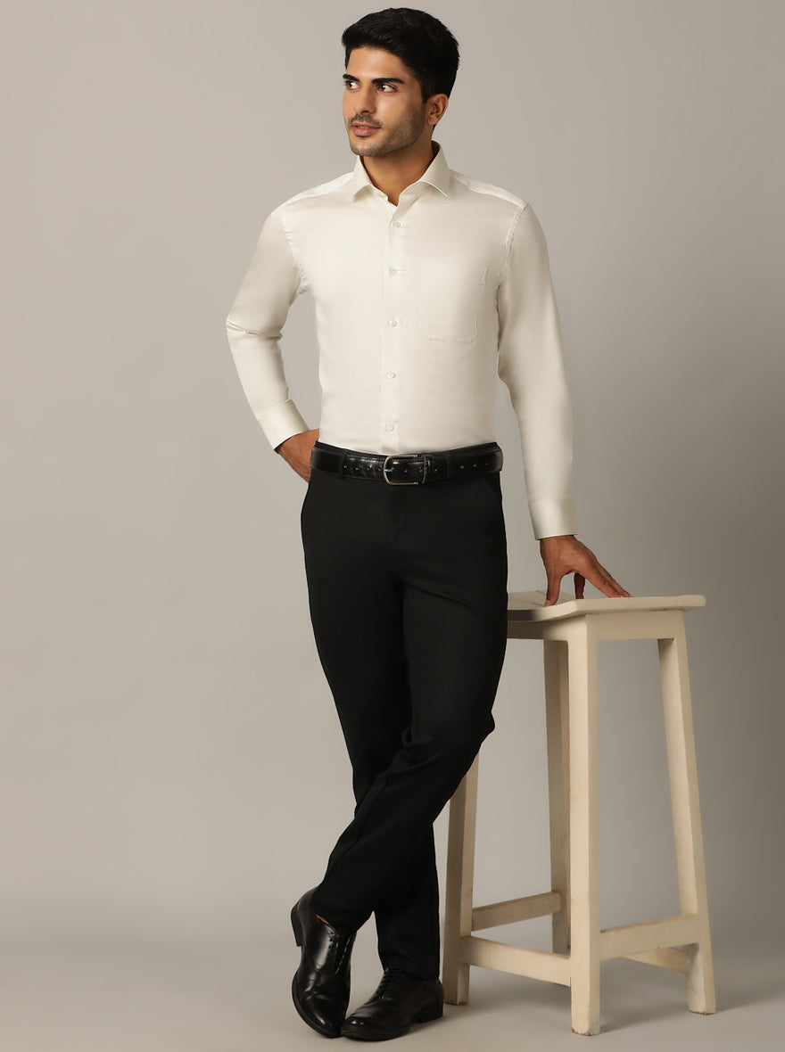 Off White Solid Slim Fit Formal Shirt | Metal