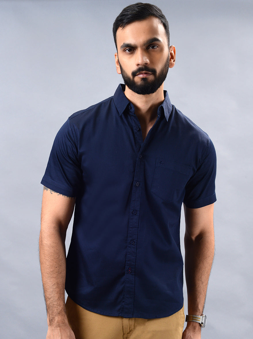 Navy Blue Solid Slim Fit Casual Shirt | Greenfibre
