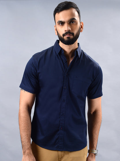 Navy Blue Solid Slim Fit Casual Shirt | Greenfibre