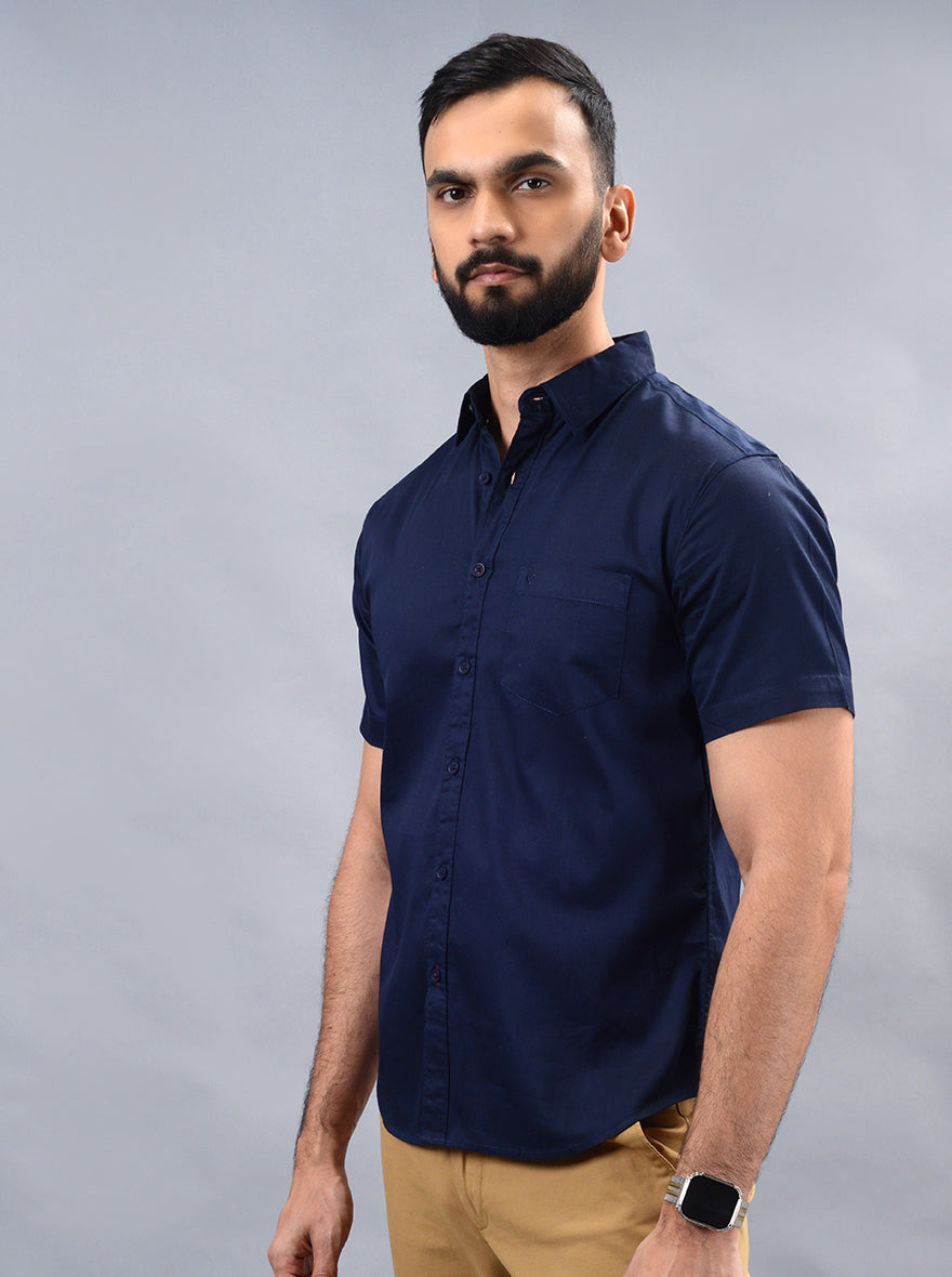 Navy Blue Solid Slim Fit Casual Shirt | Greenfibre