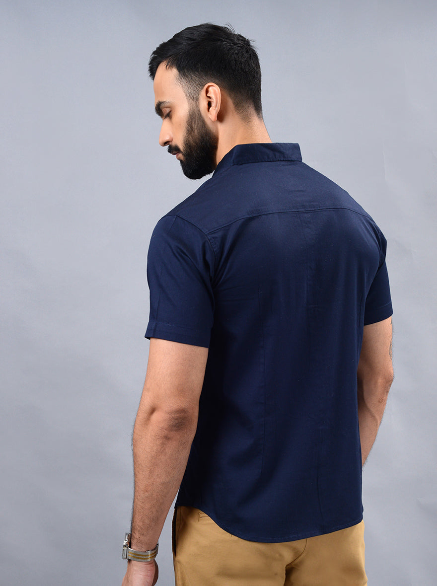 Navy Blue Solid Slim Fit Casual Shirt | Greenfibre
