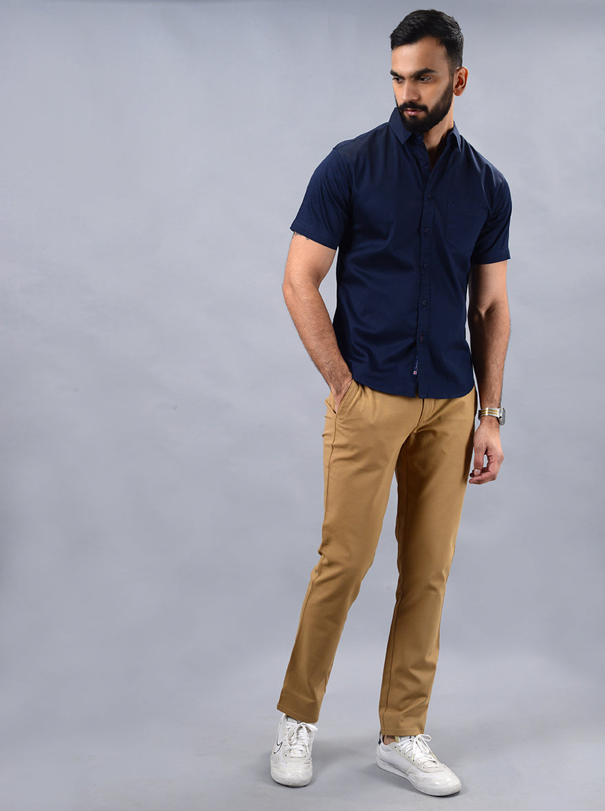 Navy Blue Solid Slim Fit Casual Shirt | Greenfibre