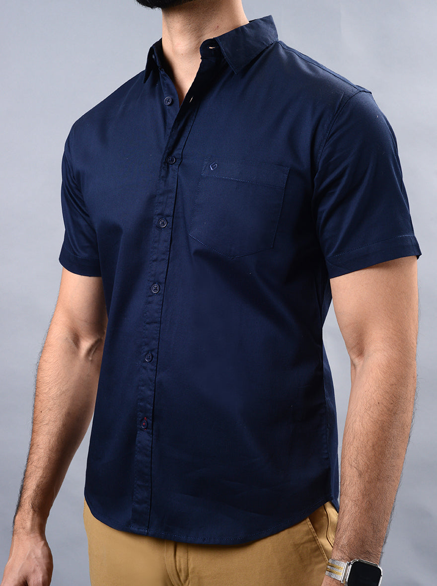 Navy Blue Solid Slim Fit Casual Shirt | Greenfibre
