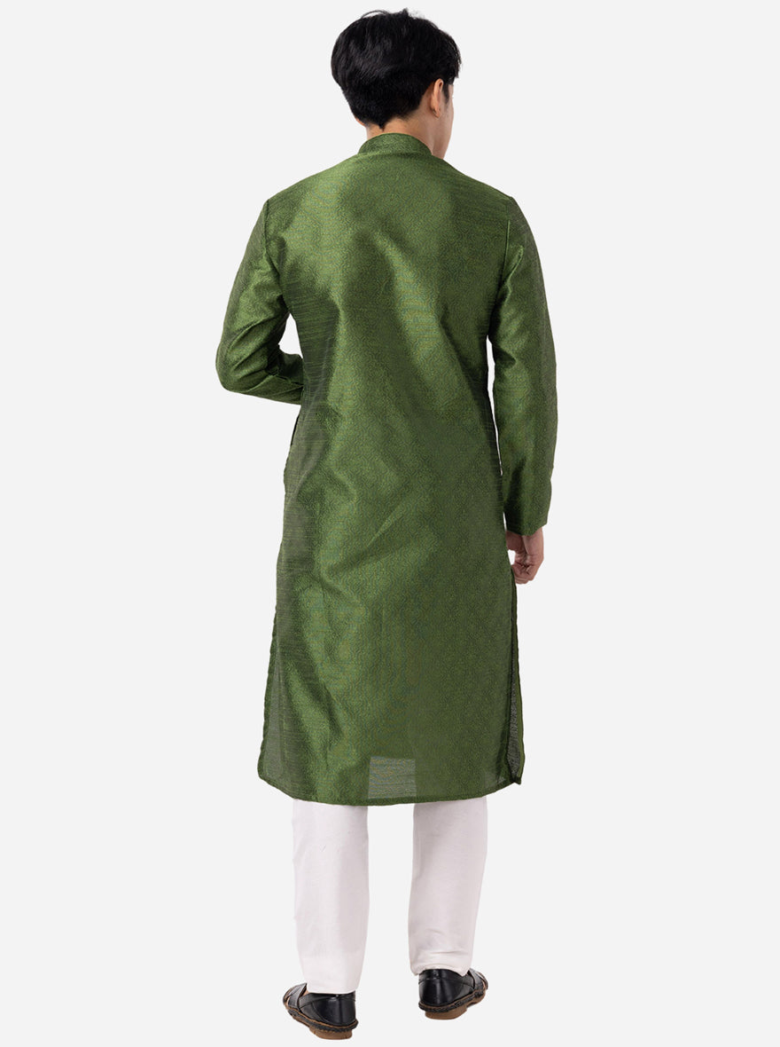 Basil Green Printed Cotton Silk Blend Kurta | The Kurta Company