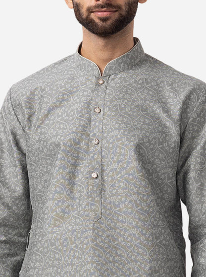 Grey Printed Cotton Silk Blend Kurta | The Kurta Company