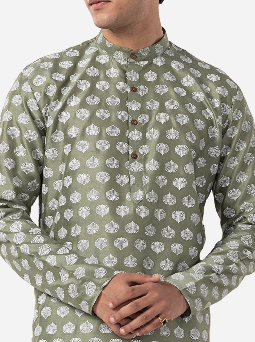 Dull Green Printed Cotton Silk Blend Kurta | The Kurta Company
