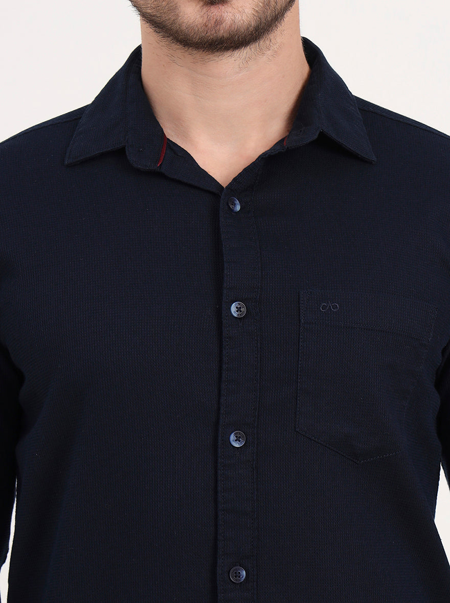 Navy Blue Solid Slim Fit Casual Shirt | JadeBlue