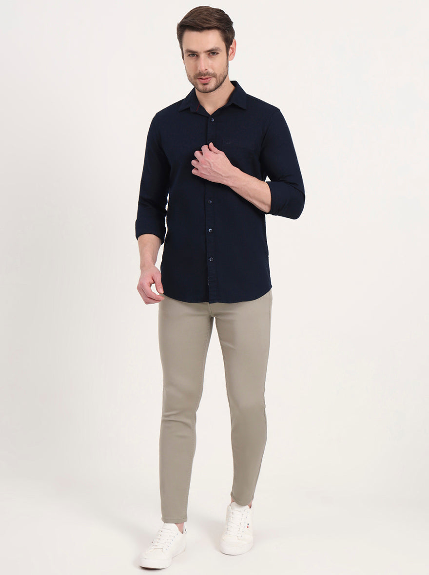 Navy Blue Solid Slim Fit Casual Shirt | JadeBlue