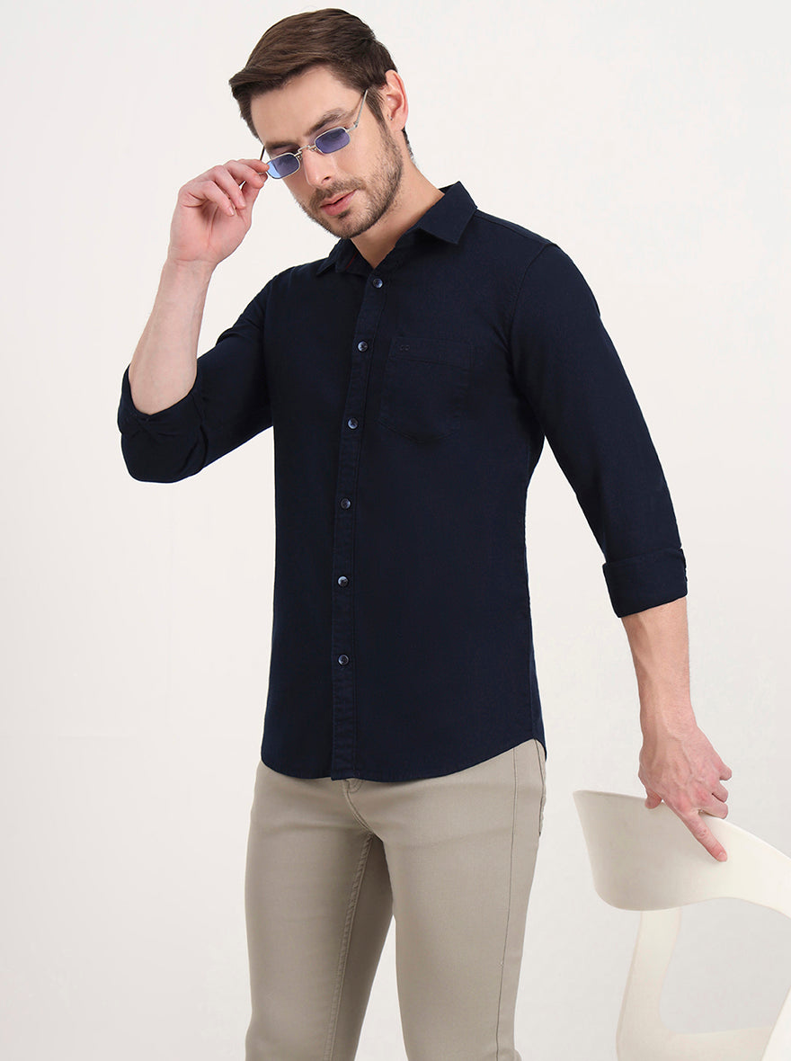 Navy Blue Solid Slim Fit Casual Shirt | JadeBlue