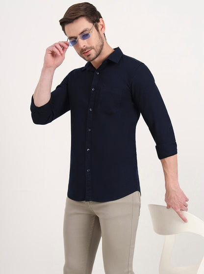 Navy Blue Solid Slim Fit Casual Shirt | JadeBlue