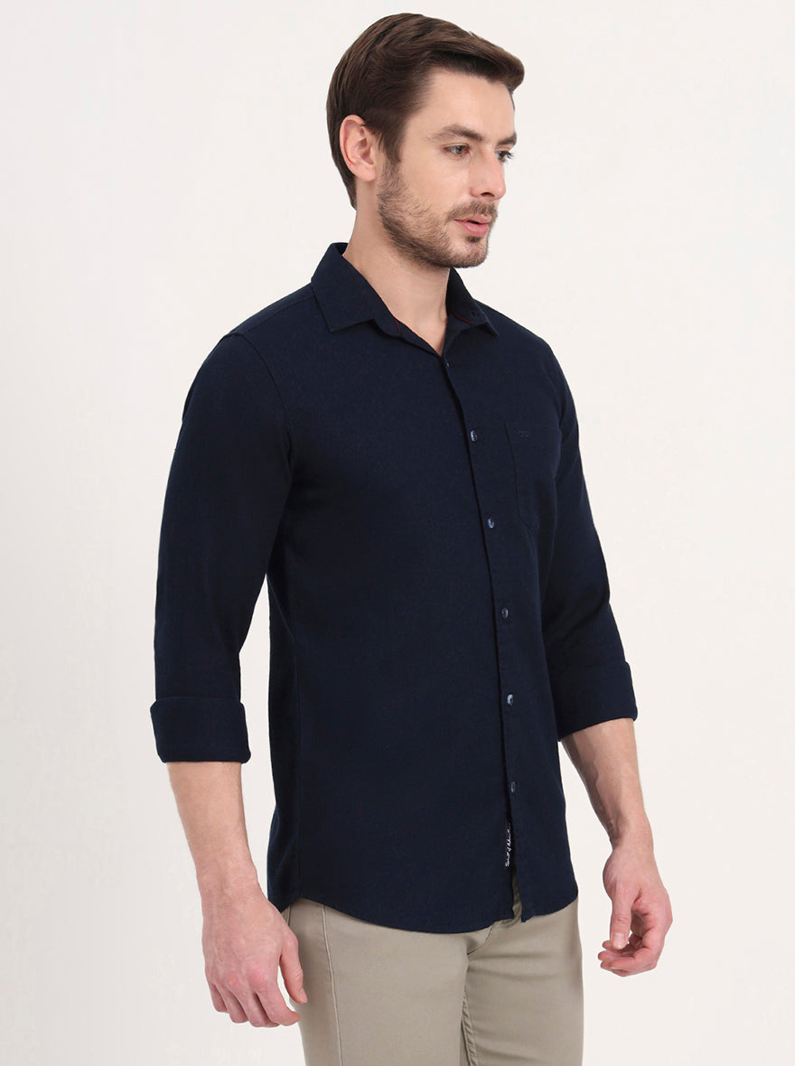 Navy Blue Solid Slim Fit Casual Shirt | JadeBlue