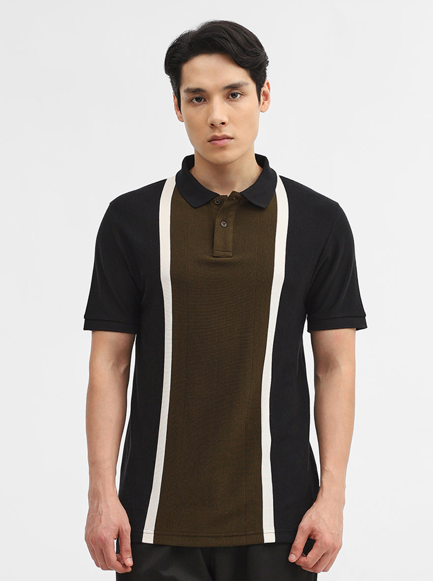 Olive & Black Striped Slim Fit Polo T-Shirt | JadeBlue