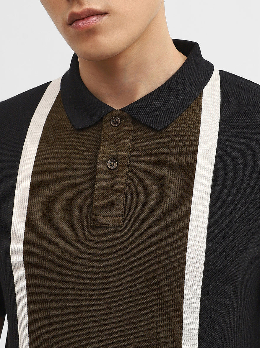 Olive & Black Striped Slim Fit Polo T-Shirt | JadeBlue