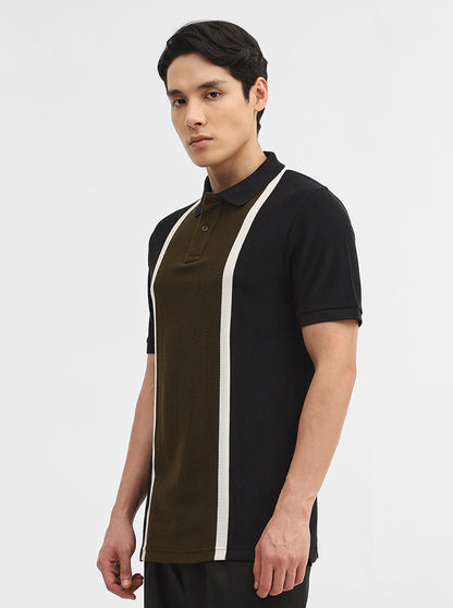 Olive & Black Striped Slim Fit Polo T-Shirt | JadeBlue