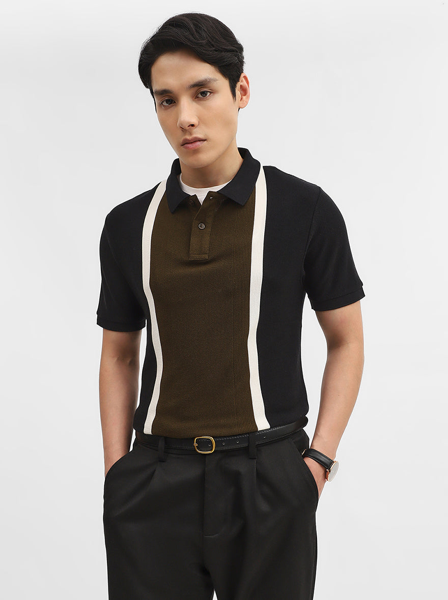 Olive & Black Striped Slim Fit Polo T-Shirt | JadeBlue
