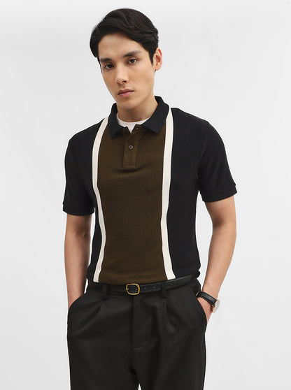 Olive & Black Striped Slim Fit Polo T-Shirt | JadeBlue