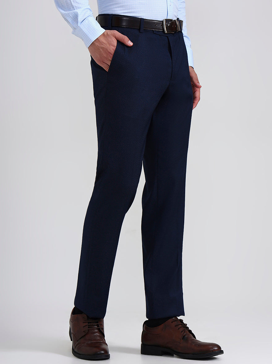 Navy Blue Solid Slim Fit Formal Trouser | Metal