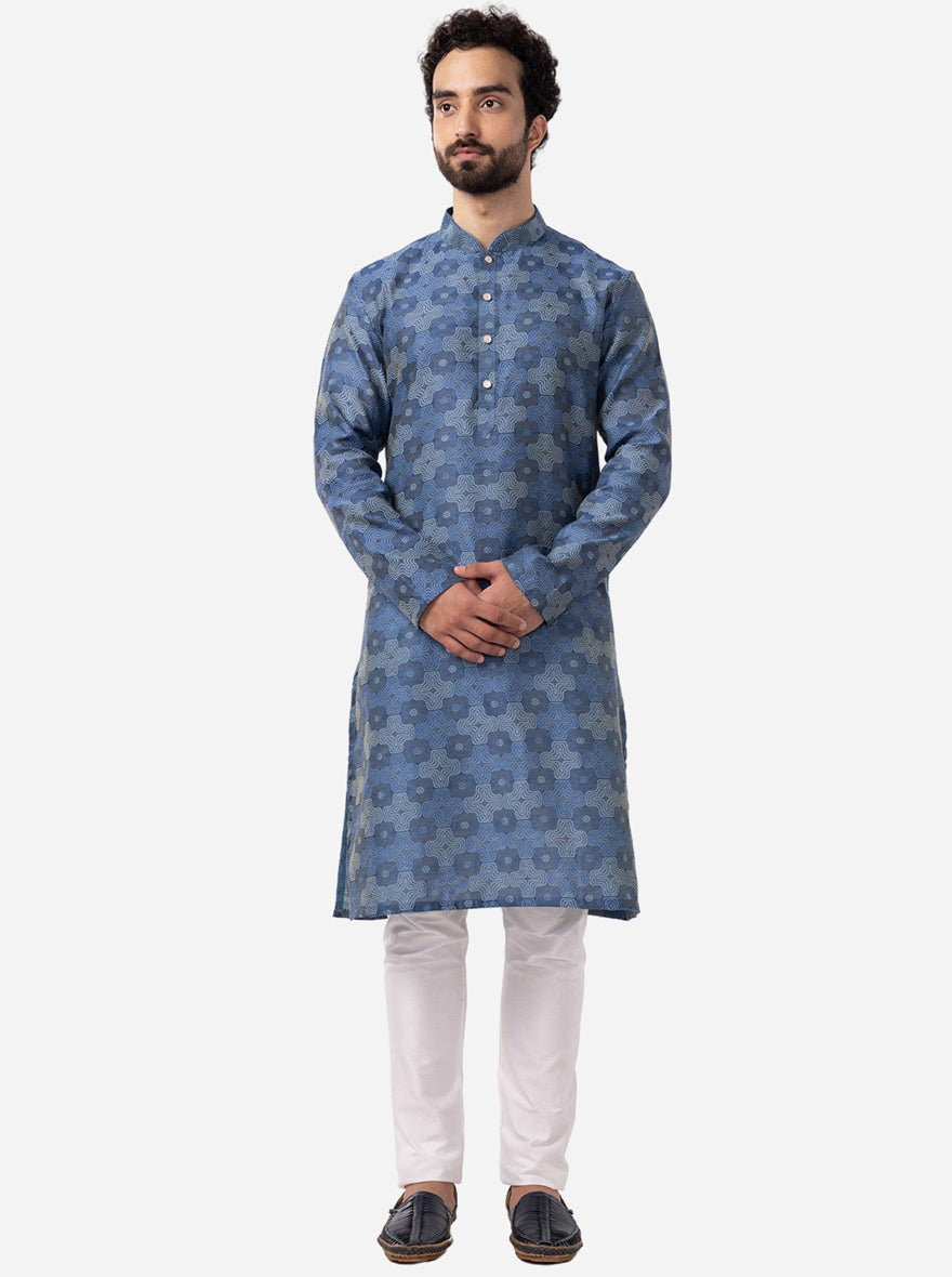 French Blue Printed Cotton Silk Blend Kurta | The Kurta Company