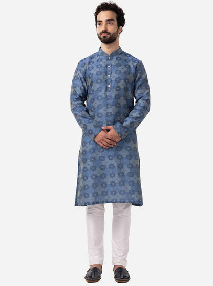 French Blue Printed Cotton Silk Blend Kurta | The Kurta Company