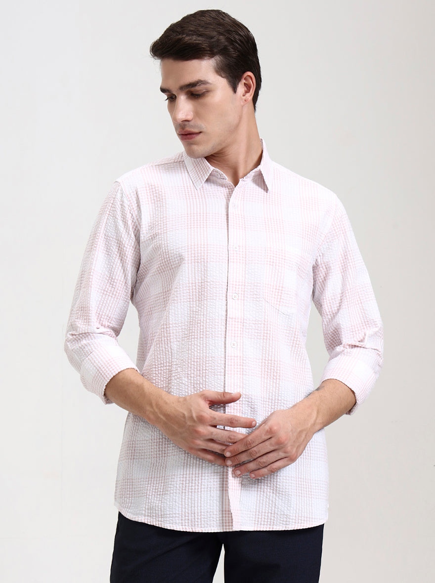 Light Pink Checked Slim Fit Casual Shirt | JadeBlue