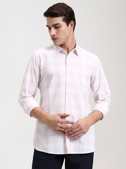 Light Pink Checked Slim Fit Casual Shirt | JadeBlue